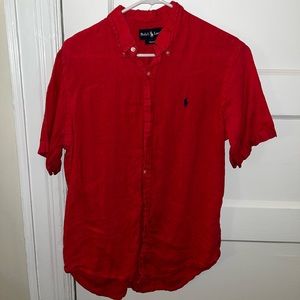 Salmon short-sleeve linen button down Polo by Ralph Lauren in medium
